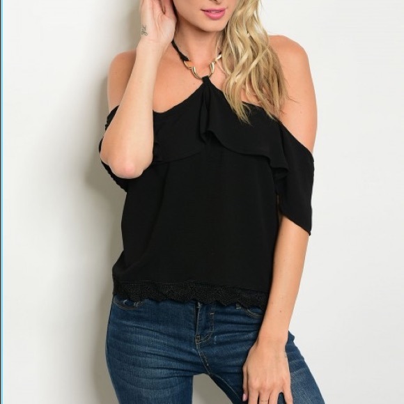 Black halter off shoulder embellished neckline - Picture 2 of 7